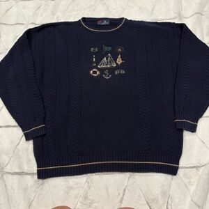 Vintage Isle of Cotton Navy Nautical Pull Over Sweater Knit USA Size XL Fall